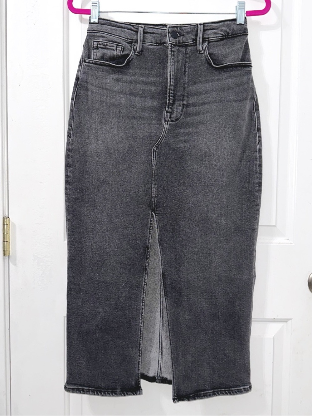 Good American Black Denim Front Slit Midi Denim Skirt, size 8/29 - Picture 2 of 5